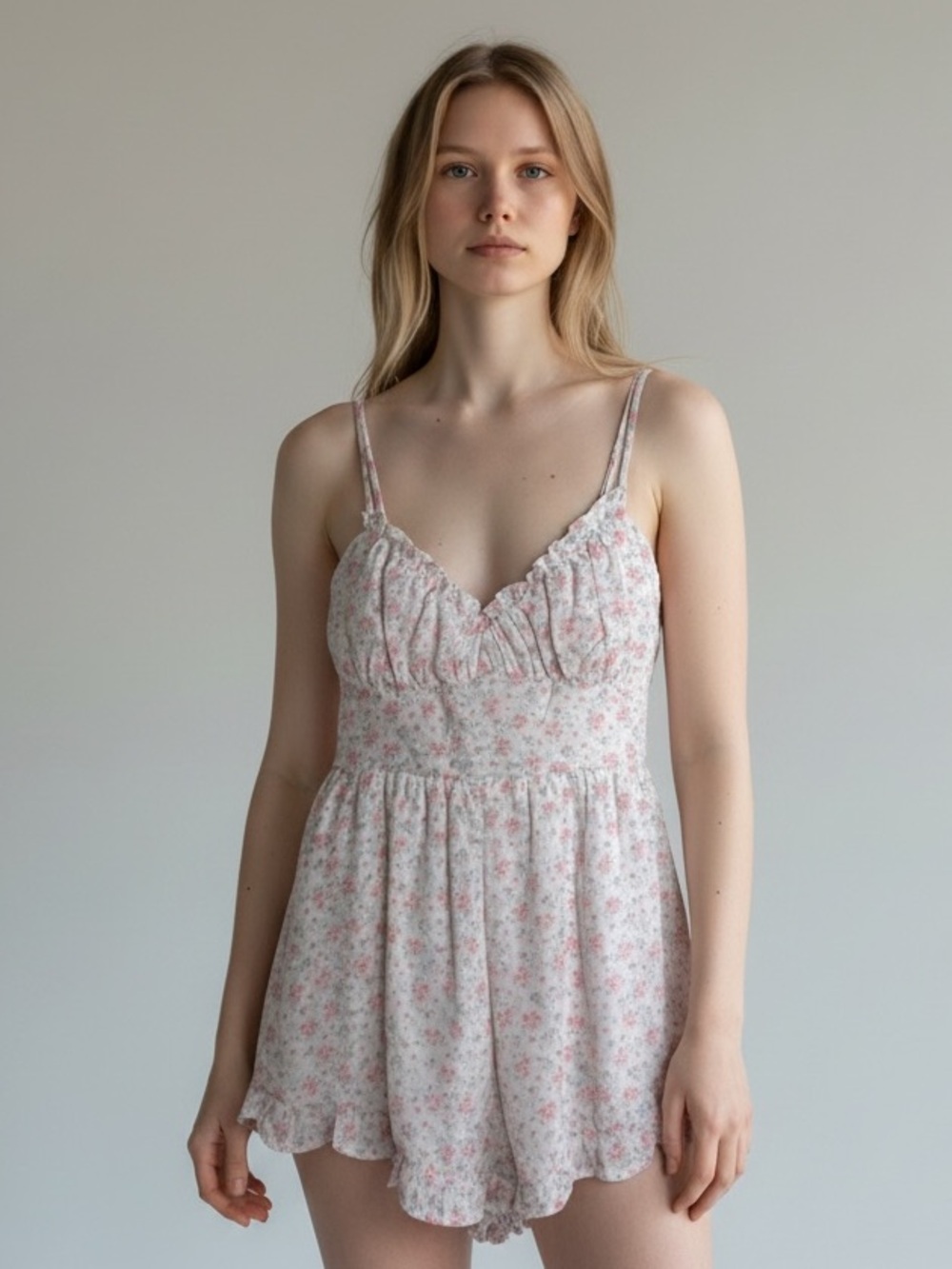 Altar’d State Pink White Green Ruffle Hem V Neck Smocking Flowy Floral Romper